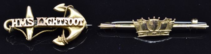 Two Royal Navy 9ct gold sweetheart brooches / tie pins, one for HMS Lightfoot the other for Howe