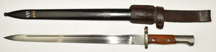 Yugoslavian 1924 pattern Mauser bayonet with 38.5cm fullered blade, scabbard and frog. PLEASE NOTE