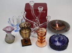 Seven pieces of mainly studio glassware comprising Amanda Brisbane bowl, Orrefors Mayflower bowl