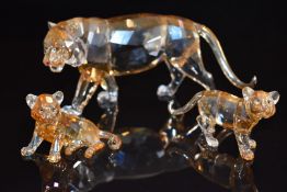 Three Swarovski Crystal coloured glass animals Tiger and two Cubs, 2010 Annual edition, largest