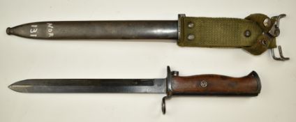 Norwegian 1894 pattern Krag Jorgensen bayonet altered to fit US M1 carbine, with 20.5cm blade,