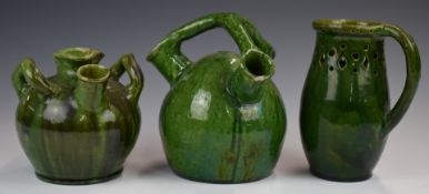 Farnham Art Pottery three puzzle jugs / guglets, tallest 19cm