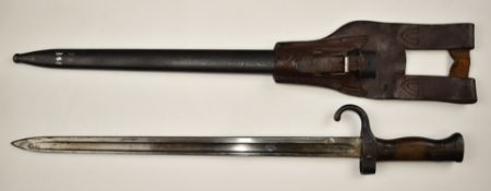 French 1892 pattern Mannlicher Berthier bayonet with wooden grips, 39.5cm fullered T form blade,