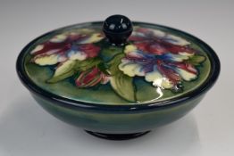 Moorcroft covered pedestal dish decorated in an early Hibiscus pattern, impressed Moorcroft