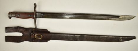 Japanese Arisaka 1897 pattern type 30 bayonet with wooden grips, 39.5cm fullered blade, scabbard and