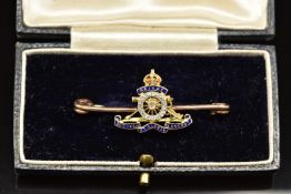 Royal Artillery 9ct gold, diamond and enamel sweetheart brooch by Jays Oxford, Street, London, in