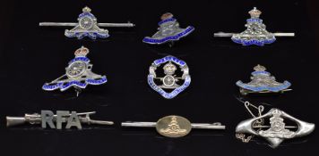 Nine Royal Artillery silver, silver and enamel and metal sweetheart brooches