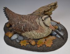 Mike Wood hand carved wooden bird sculpture of a Woodcock, signed and dated March 2007 to base, 29 x