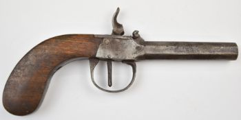 Belgian percussion hammer action pocket pistol with shaped wooden grips and 3 inch smooth bored