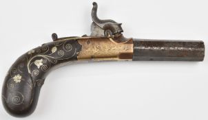 Percussion hammer action pocket pistol with engraved brass action, engraved floral silver wire inlay