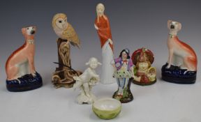 Border Fine Arts owl, Royal Doulton figure, Staffordshire greyhounds, early German figure etc,