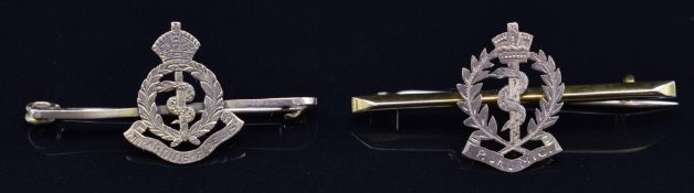 Two Royal Army Medical Corps 9ct gold sweetheart brooches / tie pins, 4g