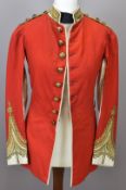 British Army officer's full dress scarlet tunic with gilt collar badges, Lt Colonel and letter M