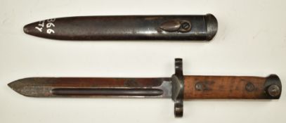 Italian 1938 pattern Mannlicher Carcano bayonet with wooden grips, 17cm fullered blade and scabbard.