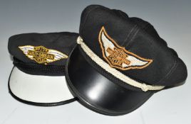 Two Harley Davidson captain's hats with white and black visors, one size large