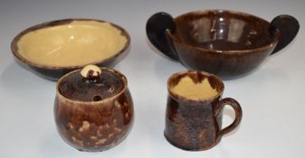 Farnham Art Pottery twin handled dish, preserve pot, small tankard and pedestal bowl, largest