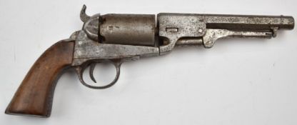 Belgian Colt .34 five-shot single-action revolver with shaped wooden grips and 5.25 inch octagonal