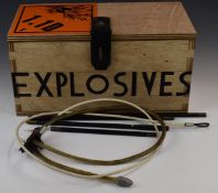 Wooden black powder 'Explosives' storage box (52 x 27 x 26cm) together with two ebony and brass