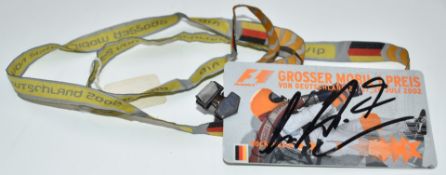 Michael and Ralf Schumacher signed Formula 1 2002 German Grand Prix BMW Williams paddock pass on