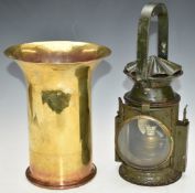 Tricolour railway or similar hand lamp together with a trench art vase dated 1908, height of lamp