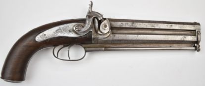 Unnamed 28 bore percussion hammer action double barrelled over and under howdah pistol with engraved