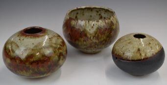 Three Barbara Cass / Arden Pottery (1921-1992) studio pottery stoneware squat pedestal vases /