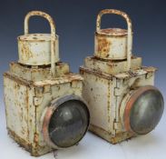 Two British Railways Midland region steam railway locomotive or similar hand lamps with brackets