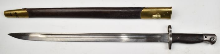 British 1907 pattern bayonet with 43cm fullered blade and scabbard. PLEASE NOTE ALL BLADED ITEMS ARE
