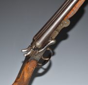 Belgian .410 side by side folding poacher's shotgun with chequered grip and forend, carved