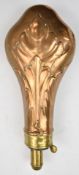 James Dixon & Sons copper and brass powder flask with embossed foliate decoration, 20cm long.