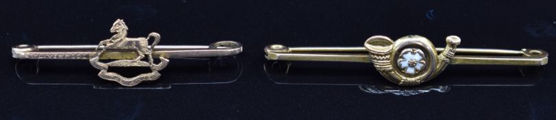 Two 9ct gold sweetheart brooches / tie pins, one for the King's Regiment, the other for Light