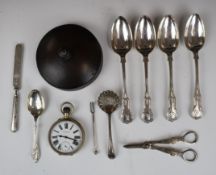 Edward & Sons Glasgow Goliath pocket watch, set of four silver plated Kings pattern table spoons,