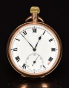 Unnamed 9ct gold keyless winding open faced pocket watch with subsidiary seconds dial, blued