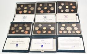 Six Royal Mint proof coin sets comprising 1983, 1985, 1986, 1990, 1992 and 1997