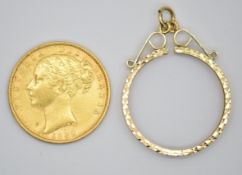 1864 Queen Victoria gold full sovereign, young head, shield reverse, die no 66, with mount, total