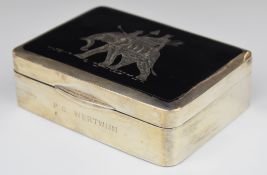 Thai silver cigarette box with niello decoration of an elephant to lid, marked to base made in