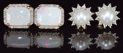 Two pairs of 9ct gold earrings, one pair set with an opal surrounded by diamonds and the other a