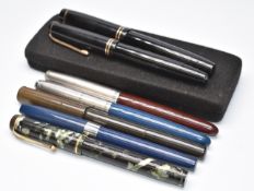Seven fountain pens comprising Macniven & Cameron with gold Waverley nib marker 14, Conway Stewart