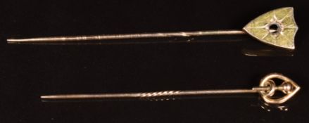 Two 9ct gold stick pins, 3.5g