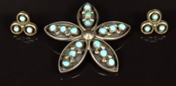 Navajo silver brooch set with turquoise and similar earrings