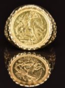 A 9ct gold ring set with a fine gold 1/20oz angel coin, 3.6g, size J