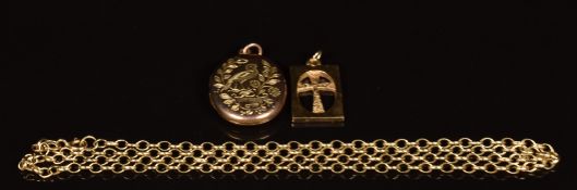 A 9ct gold chain and pendant (9.2g) and a 9ct gold back and front locket with bird decoration