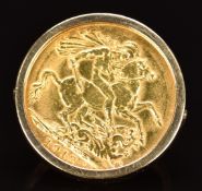 A 9ct gold ring set with a 1912 gold full sovereign, 11.6g, size K