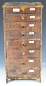 19th/20thC miniature pine haberdashery chest of eight compartmentalised graduated drawers containing