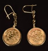 A pair of 9ct gold earrings set with 1909 and 1911 gold half sovereigns, weight of both 10.2g