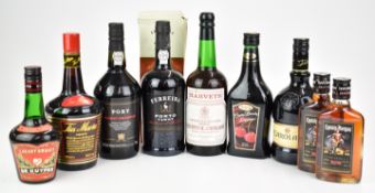 Two bottles of Port including Ferreira, two 200ml bottles of Captain Morgan rum, mixed liqueurs