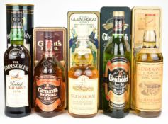 Five bottles of whisky to include Glenmorangie 10 years old Single Highland Malt, 75cl, 40% vol