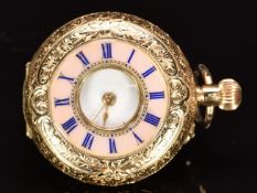 Continental 14ct gold keyless winding half hunter pocket watch with black Roman numerals, gold