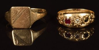 An 18ct gold ring set with a ruby and diamond (2g, missing a ruby) and a 9ct gold signet ring (1.4g)