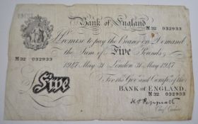 Bank of England white £5 banknote, London May 1947